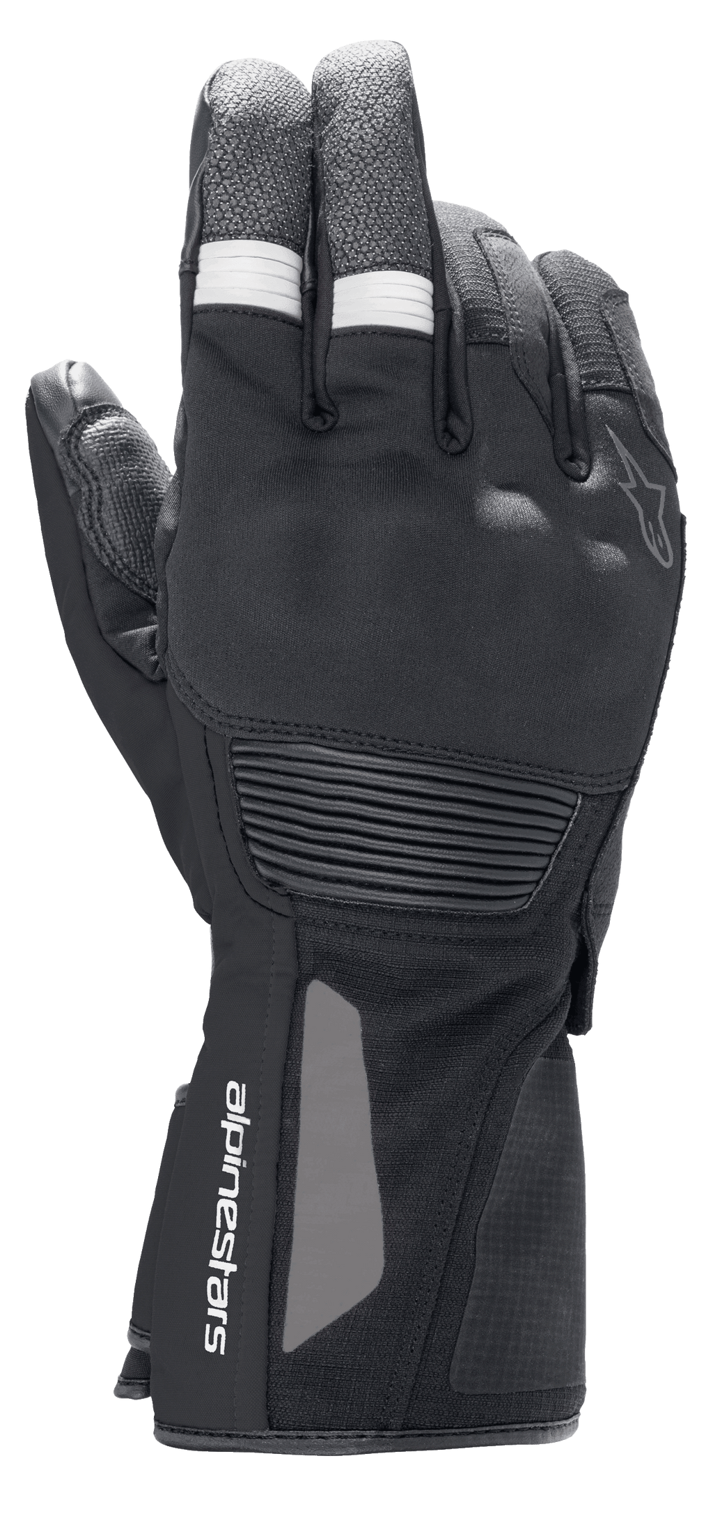 Alpinestars Denali Aerogel Drystar® Gloves, luvas de motociclismo para turismo de aventura, pretas com detalhes canelados brancos nos dedos, proteção moldada nos nós dos dedos e logótipo no pulso, construção técnica multimaterial para desempenho em climas frios
