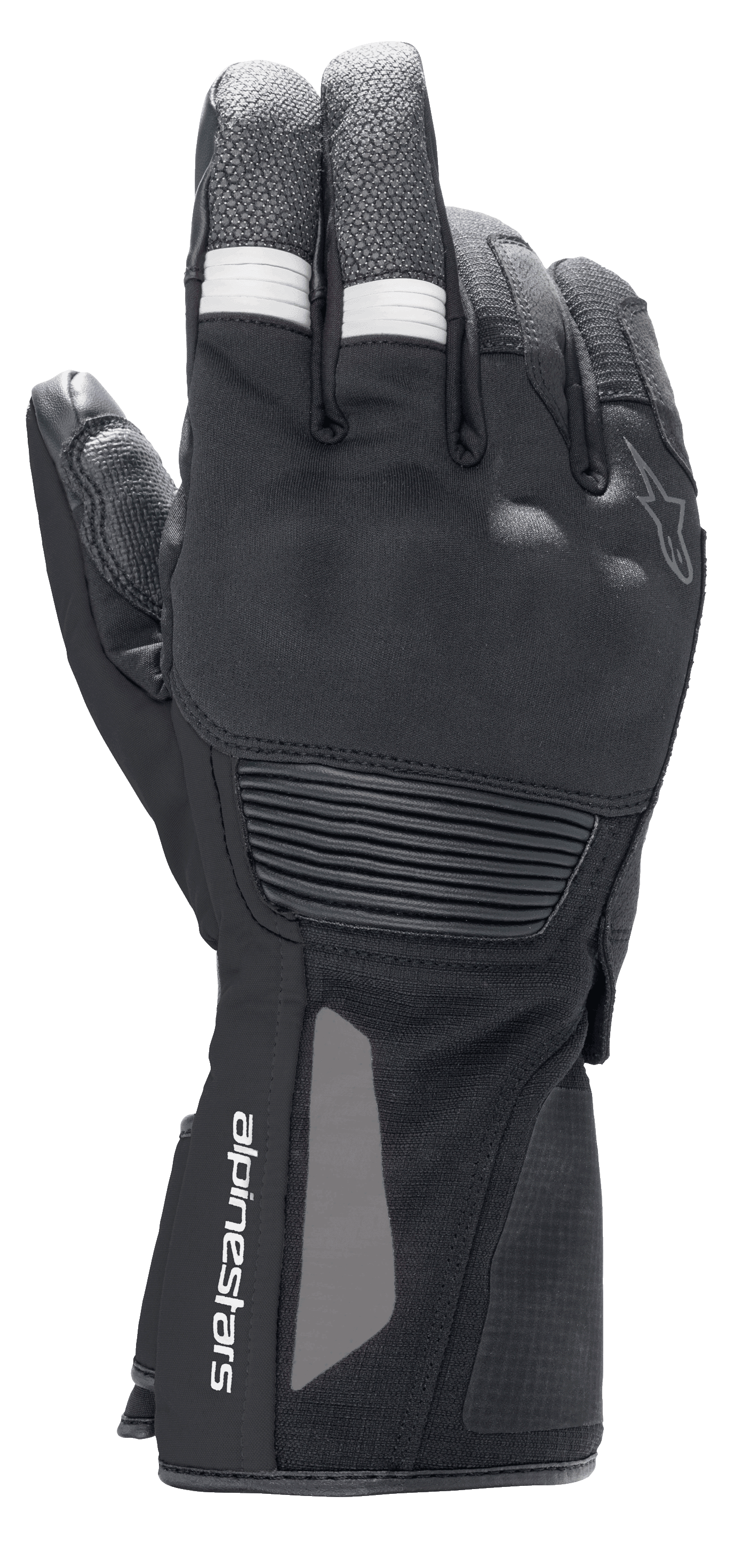 Alpinestars Denali Aerogel Drystar® Gloves, luvas de motociclismo para turismo de aventura, pretas com detalhes canelados brancos nos dedos, proteção moldada nos nós dos dedos e logótipo no pulso, construção técnica multimaterial para desempenho em climas frios