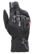 Alpinestars Bogota Drystar XF Gloves, full-length motorcycle touring gloves, black with a red logo accent, featuring over-injected knuckle protection, ribbed stretch wrist panels, and a long cuff with a grey star logo.