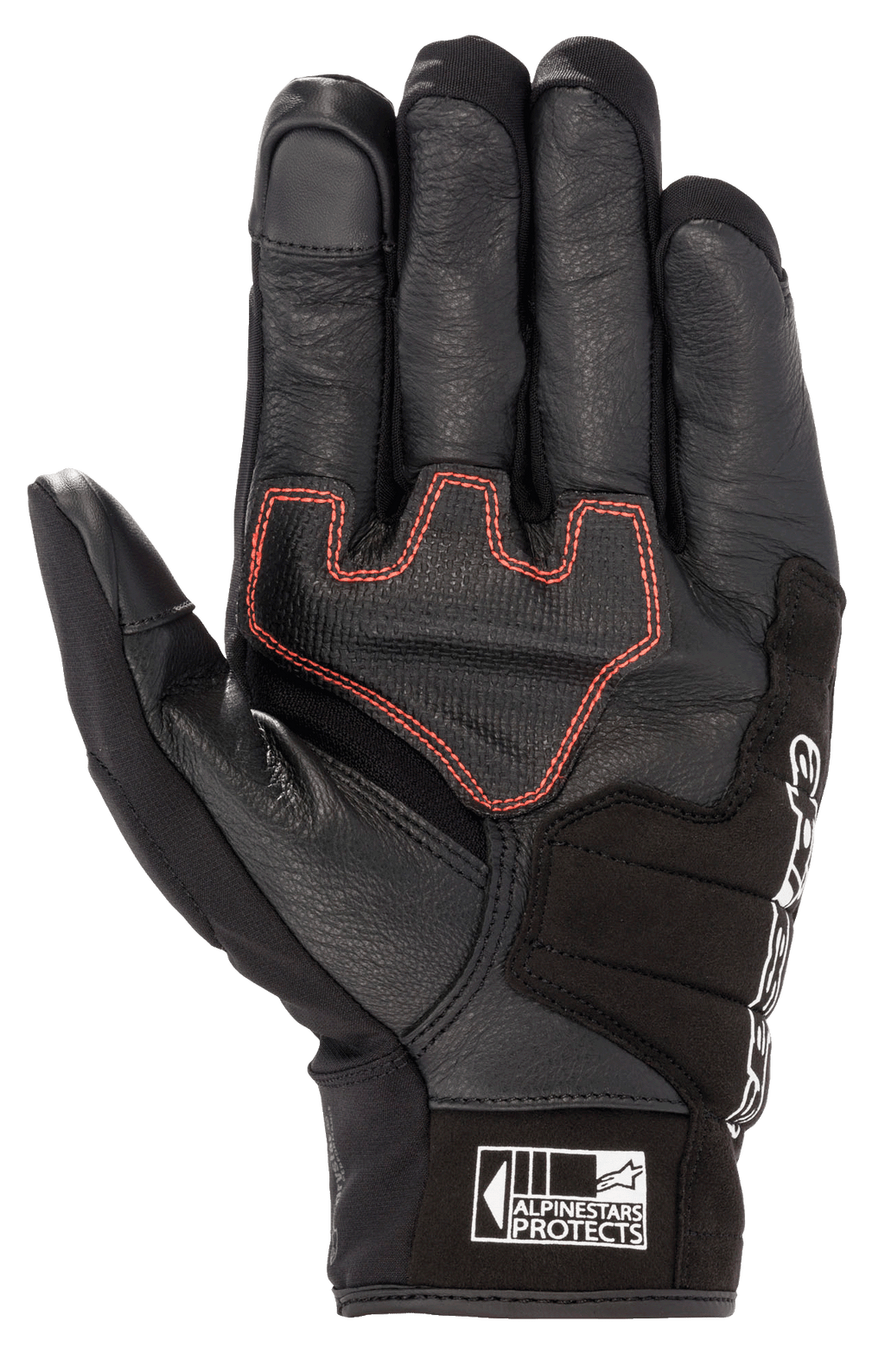 Luva Alpinestars Honda SMX Z Drystar®, luva de motociclismo de punho curto, preta com costuras geométricas em vermelho brilhante na palma, construção em pele de cabra com reforços em camurça, inclui pontas dos dedos compatíveis com ecrãs táteis e logótipo Alpinestars Protects no punho.