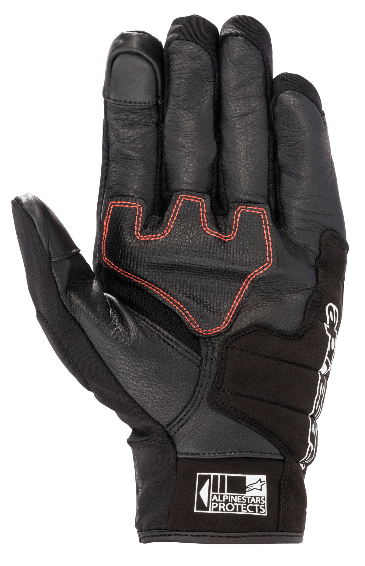 Luva Alpinestars Honda SMX Z Drystar®, luva de motociclismo de punho curto, preta com costuras geométricas em vermelho brilhante na palma, construção em pele de cabra com reforços em camurça, inclui pontas dos dedos compatíveis com ecrãs táteis e logótipo Alpinestars Protects no punho.
