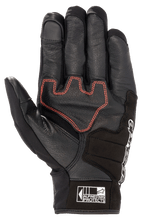 Luva Alpinestars Honda SMX Z Drystar®, luva de motociclismo de punho curto, preta com costuras geométricas em vermelho brilhante na palma, construção em pele de cabra com reforços em camurça, inclui pontas dos dedos compatíveis com ecrãs táteis e logótipo Alpinestars Protects no punho.