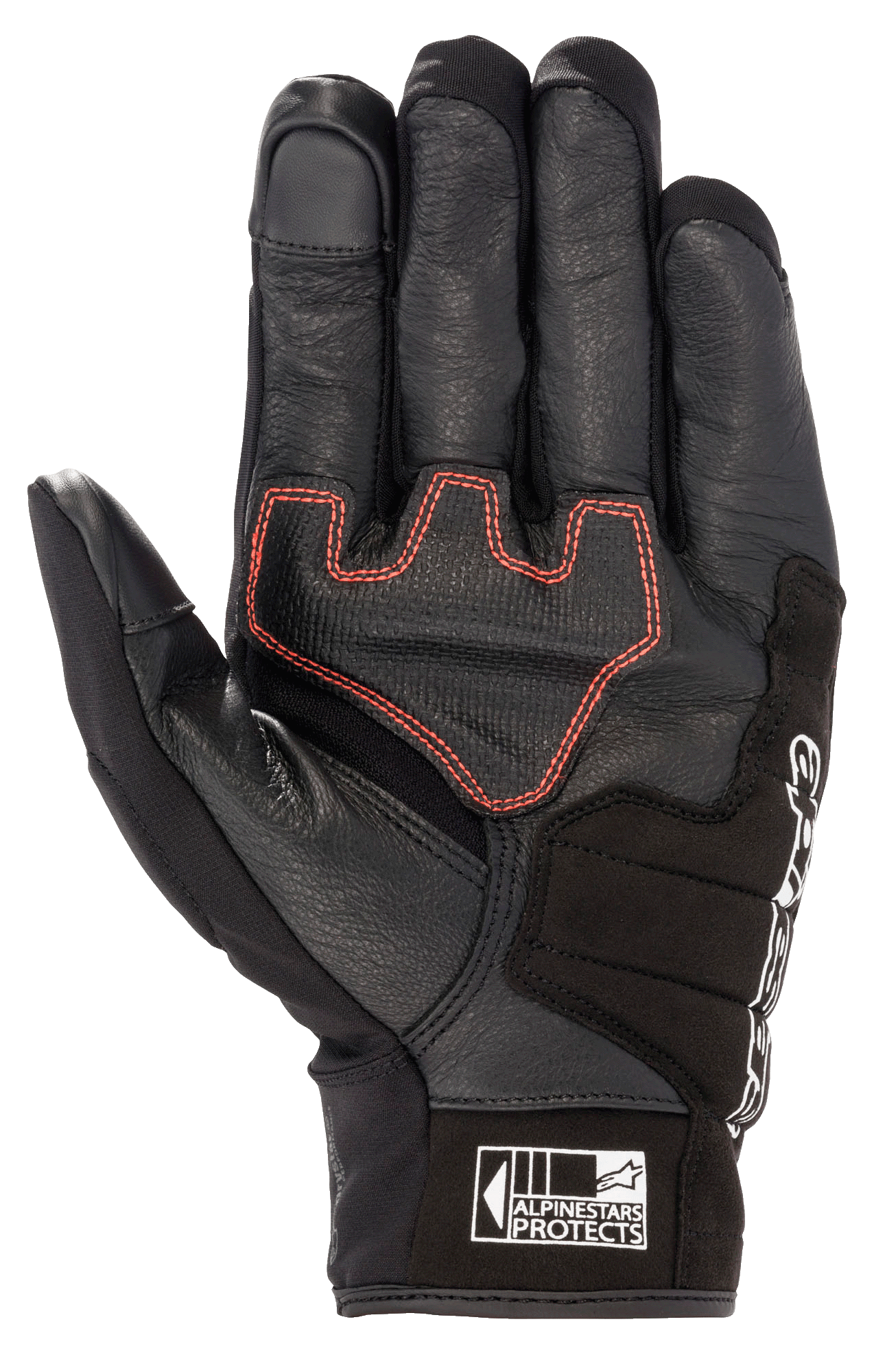 Luva Alpinestars Honda SMX Z Drystar®, luva de motociclismo de punho curto, preta com costuras geométricas em vermelho brilhante na palma, construção em pele de cabra com reforços em camurça, inclui pontas dos dedos compatíveis com ecrãs táteis e logótipo Alpinestars Protects no punho.