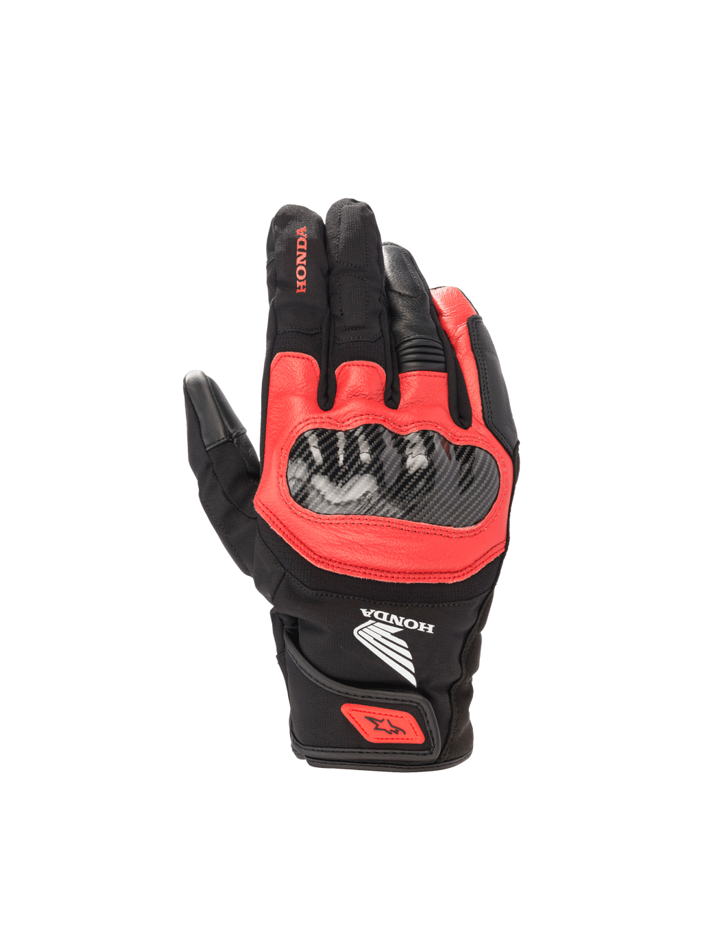 Luvas Alpinestars Honda SMX Z Drystar, luvas de moto impermeáveis, pretas e vermelho vivo, em couro com proteção rígida.