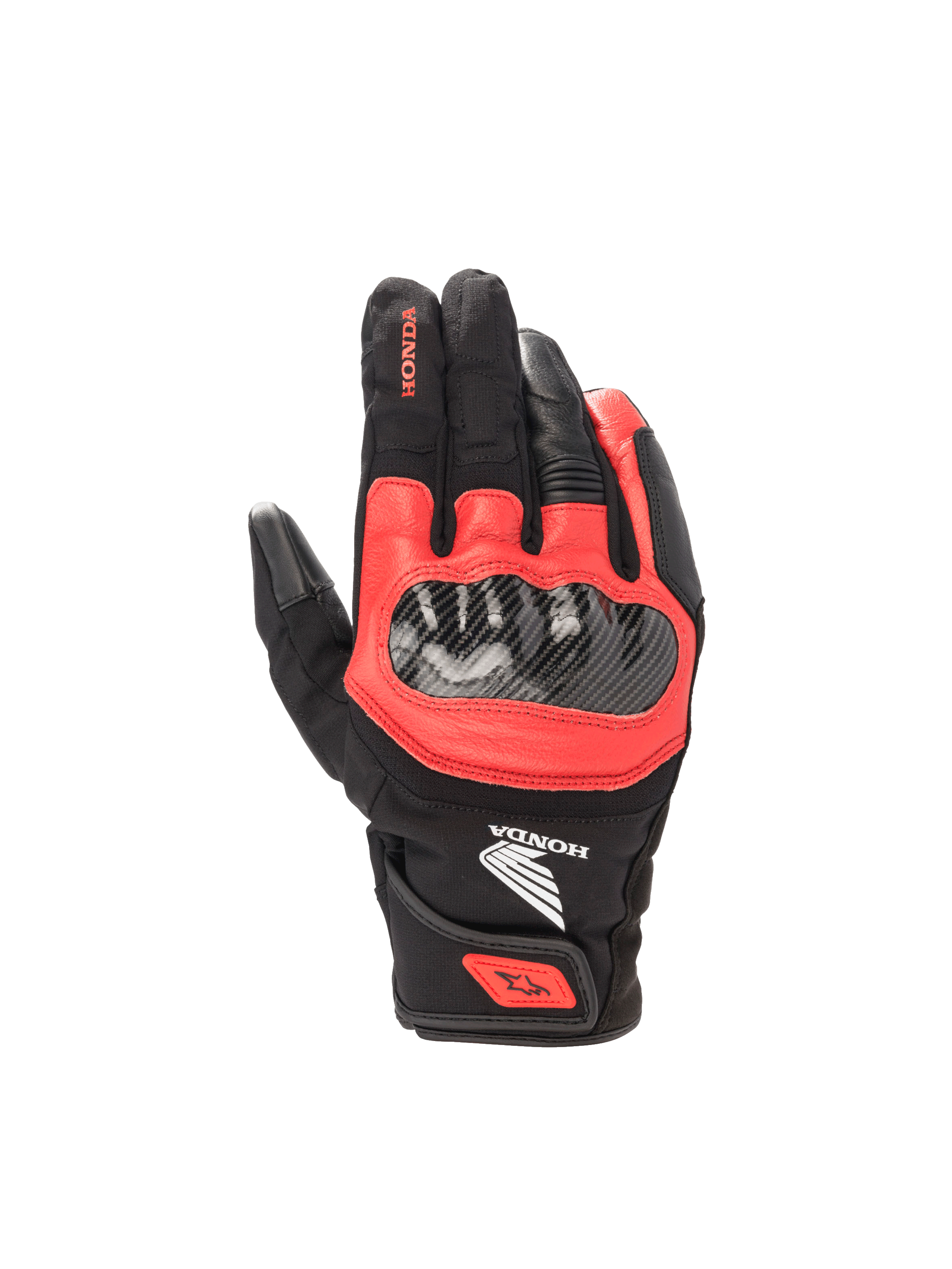 Luvas Alpinestars Honda SMX Z Drystar, luvas de moto impermeáveis, pretas e vermelho vivo, em couro com proteção rígida.
