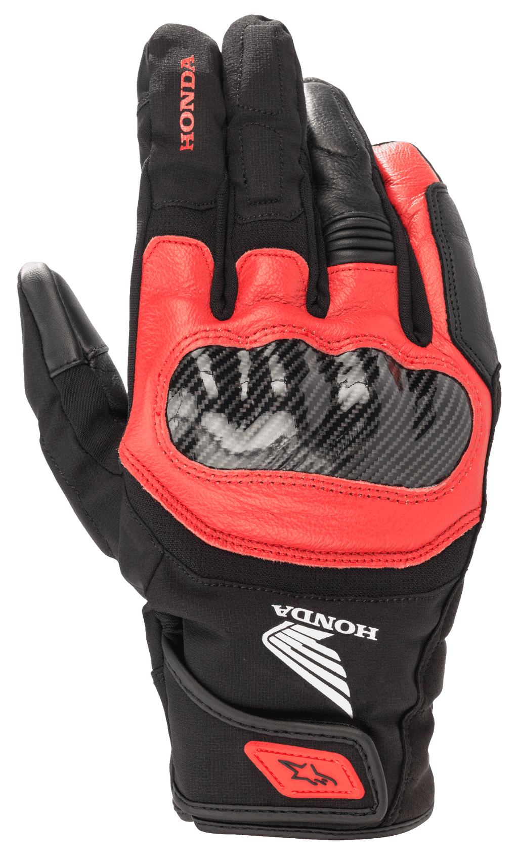 Luva Honda SMX Z Drystar®, luva de motociclismo preta e vermelha brilhante, proteção de nós dos dedos em fibra de carbono, construção em couro e têxtil, logótipo Honda, proteção impermeável, punho curto com tira no pulso