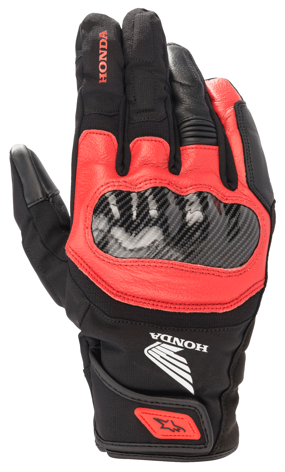 Luva Honda SMX Z Drystar®, luva de motociclismo preta e vermelha brilhante, proteção de nós dos dedos em fibra de carbono, construção em couro e têxtil, logótipo Honda, proteção impermeável, punho curto com tira no pulso