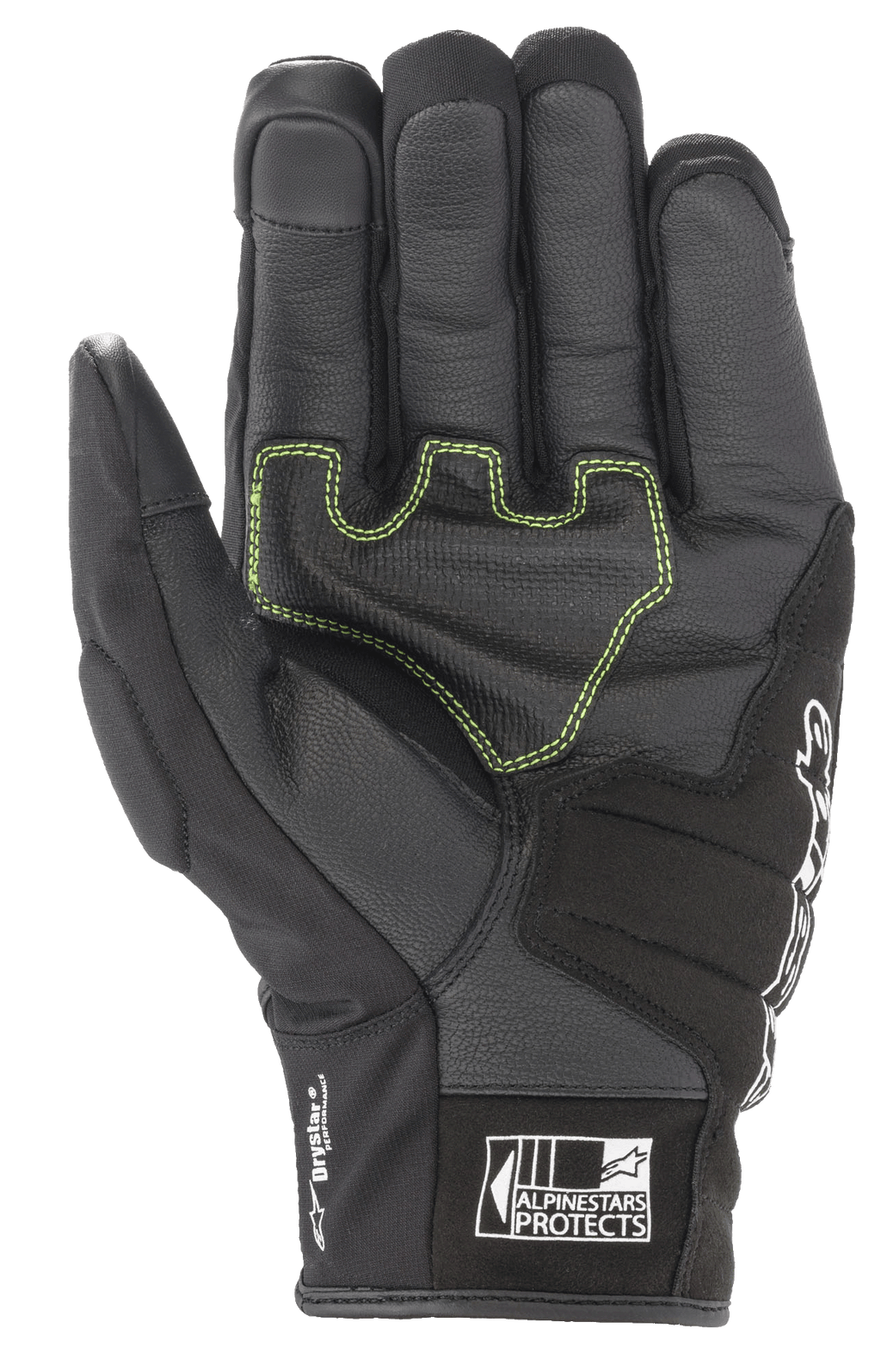 Luvas Alpinestars SMX Z Drystar®, luvas de motociclismo pretas, vista da palma com costuras contrastantes verde néon em pele reforçada, marca 'Drystar Performance' na lateral e logótipo 'Alpinestars Protects' no punho