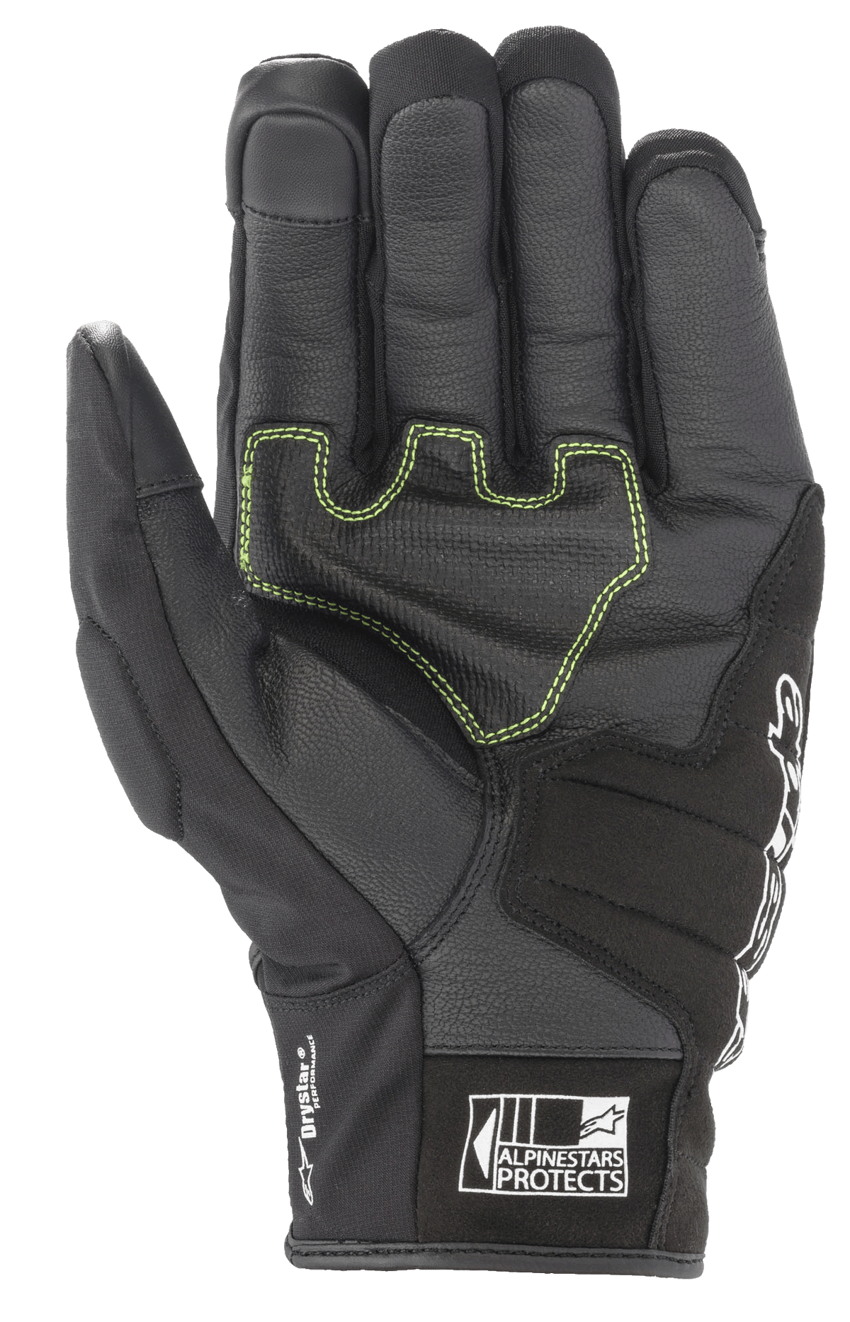 Luvas Alpinestars SMX Z Drystar®, luvas de motociclismo pretas, vista da palma com costuras contrastantes verde néon em pele reforçada, marca 'Drystar Performance' na lateral e logótipo 'Alpinestars Protects' no punho