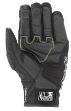 Luvas Alpinestars SMX Z Drystar®, luvas de motociclismo pretas, vista da palma com costuras contrastantes verde néon em pele reforçada, marca 'Drystar Performance' na lateral e logótipo 'Alpinestars Protects' no punho