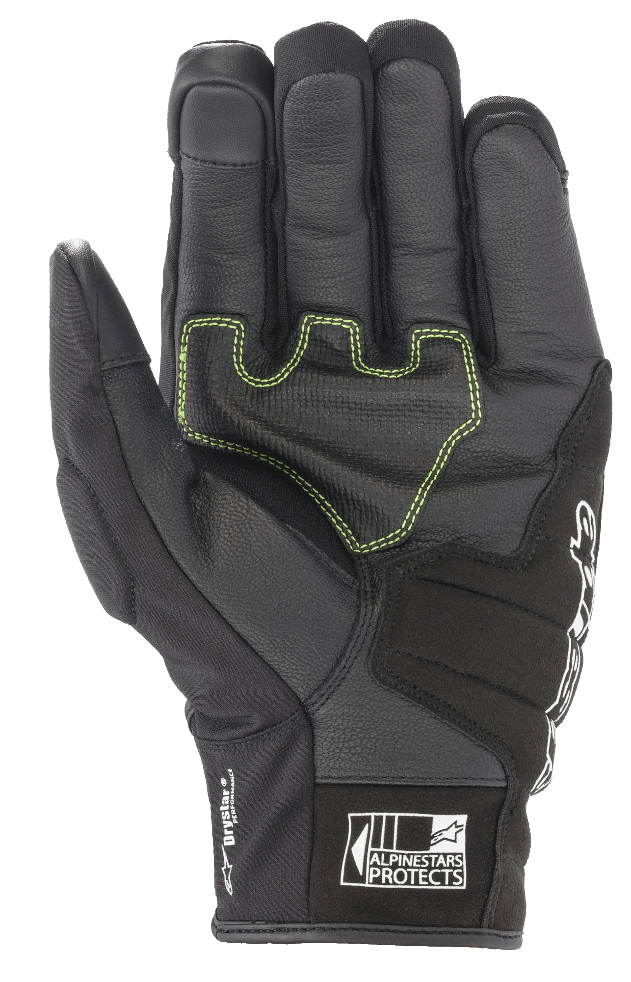 Luvas Alpinestars SMX Z Drystar®, luvas de motociclismo pretas, vista da palma com costuras contrastantes verde néon em pele reforçada, marca 'Drystar Performance' na lateral e logótipo 'Alpinestars Protects' no punho