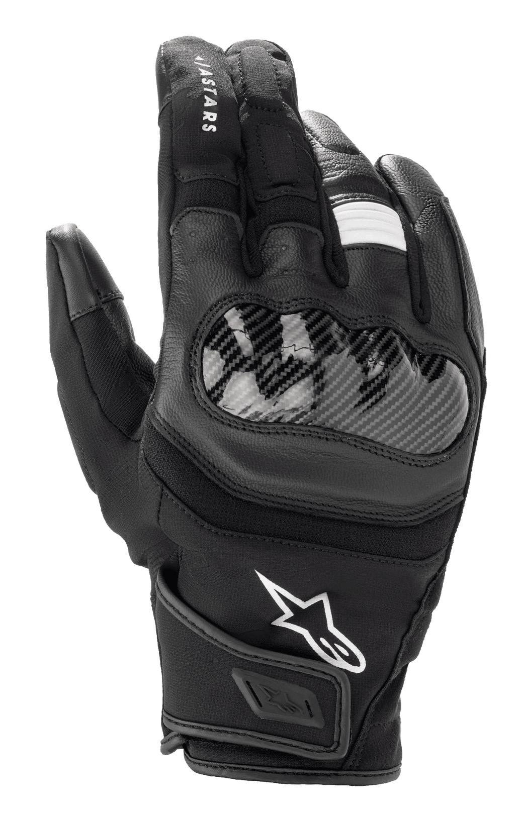 Luvas Alpinestars SMX Z Drystar®, luvas de motociclismo de punho curto, pretas, com proteção rígida dos nós dos dedos com aspeto de fibra de carbono, construção em pele e tecido, logótipo Alpinestars branco e tecnologia Drystar® impermeável
