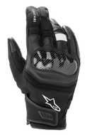 Luvas Alpinestars SMX Z Drystar®, luvas de motociclismo de punho curto, pretas, com proteção rígida dos nós dos dedos com aspeto de fibra de carbono, construção em pele e tecido, logótipo Alpinestars branco e tecnologia Drystar® impermeável