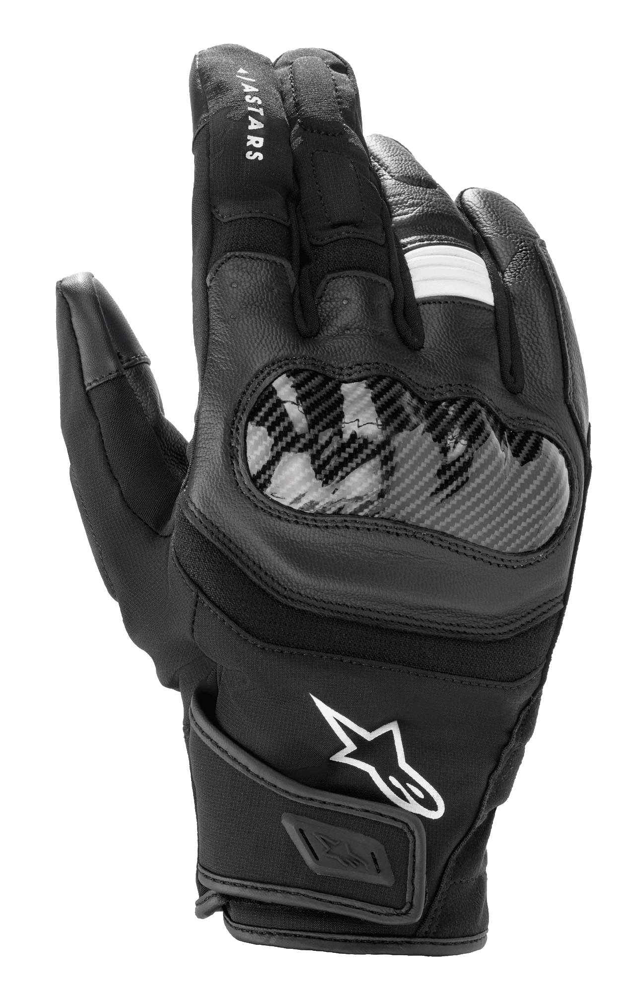 Luvas Alpinestars SMX Z Drystar®, luvas de motociclismo de punho curto, pretas, com proteção rígida dos nós dos dedos com aspeto de fibra de carbono, construção em pele e tecido, logótipo Alpinestars branco e tecnologia Drystar® impermeável