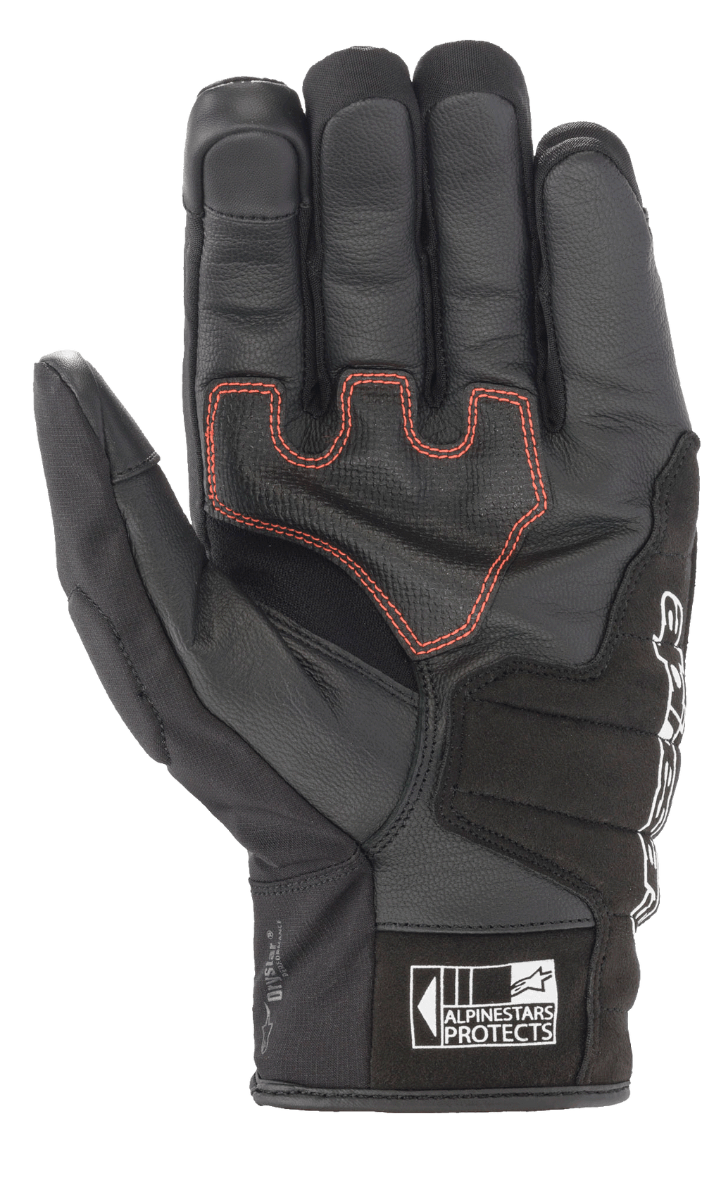 Luvas Alpinestars SMX Z Drystar®, luvas de motociclismo de punho curto, pretas com costuras contrastantes em vermelho, vista da palma mostrando a construção em pele e o acolchoamento reforçado, com o logótipo Alpinestars Protects no punho.