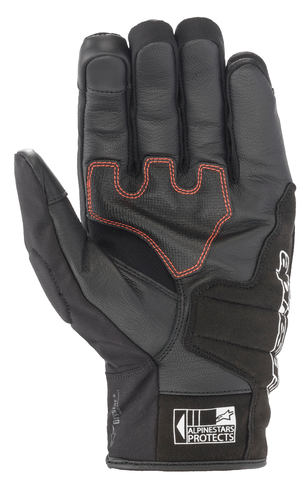 Luvas Alpinestars SMX Z Drystar®, luvas de motociclismo de punho curto, pretas com costuras contrastantes em vermelho, vista da palma mostrando a construção em pele e o acolchoamento reforçado, com o logótipo Alpinestars Protects no punho.
