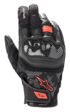 Luvas Alpinestars SMX Z Drystar®, luvas de motociclismo, pretas e vermelho fluo, protetor rígido dos nós dos dedos em estilo fibra de carbono, construção em pele e têxtil, design de punho curto impermeável