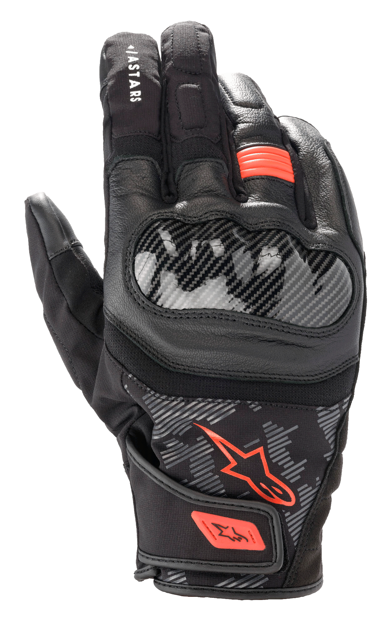 Luvas Alpinestars SMX Z Drystar®, luvas de motociclismo, pretas e vermelho fluo, protetor rígido dos nós dos dedos em estilo fibra de carbono, construção em pele e têxtil, design de punho curto impermeável