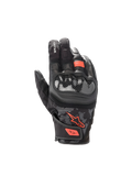 Luvas Alpinestars SMX Z Drystar®, luvas de moto pretas e vermelho fluo em pele de cabra, com proteção rígida e impermeáveis.