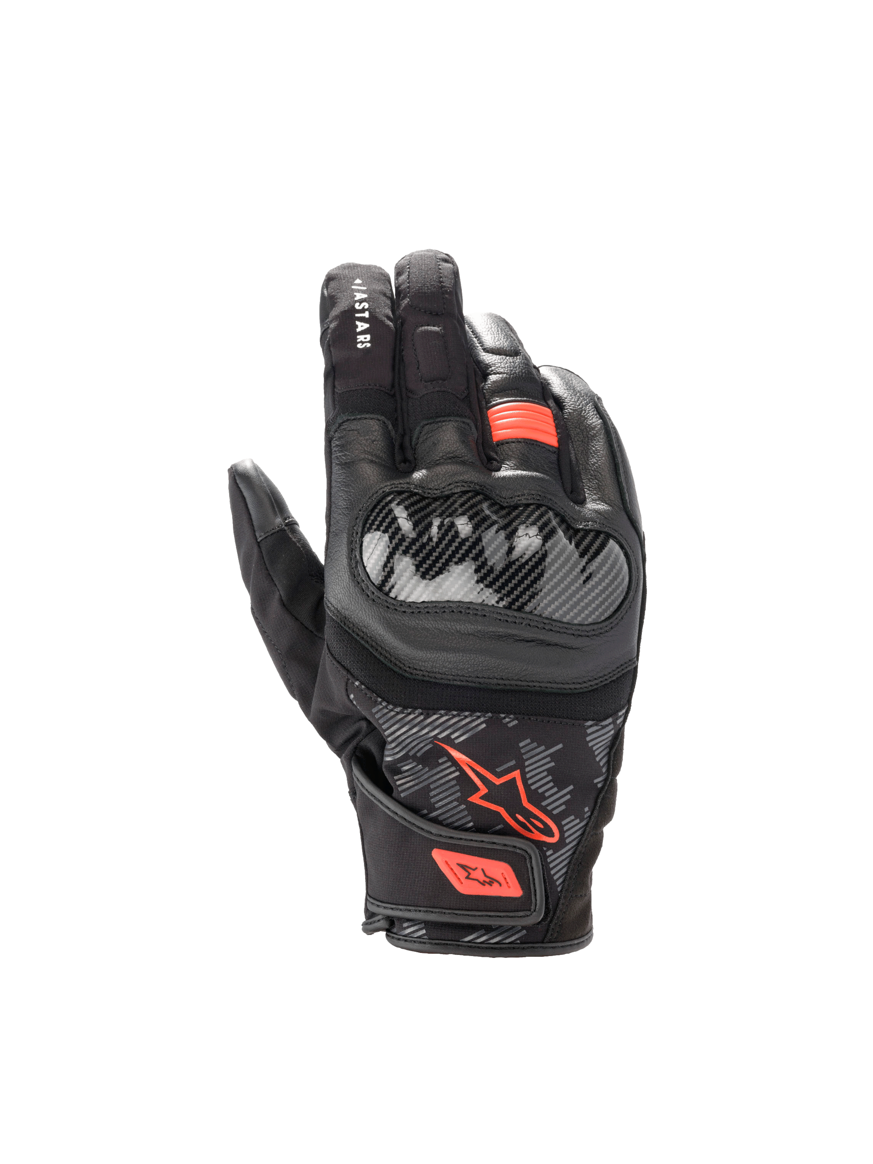 Luvas Alpinestars SMX Z Drystar®, luvas de moto pretas e vermelho fluo em pele de cabra, com proteção rígida e impermeáveis.