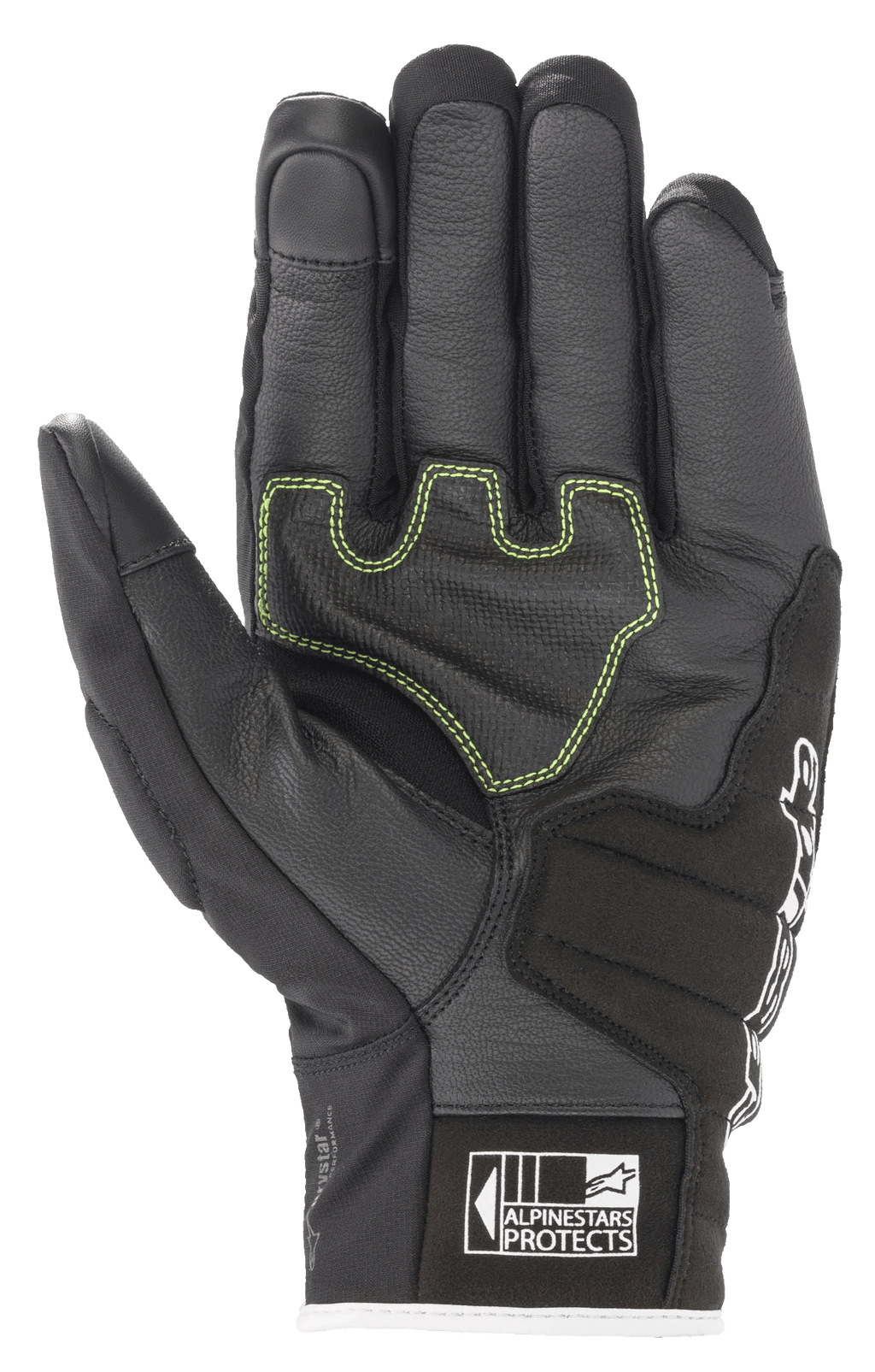 Alpinestars SMX Z Drystar® Gloves, Motorcycle Gloves, Black White Red Fluo, palm view showing reinforced leather with lime green contrast stitching and Alpinestars Protects logo on the cuff