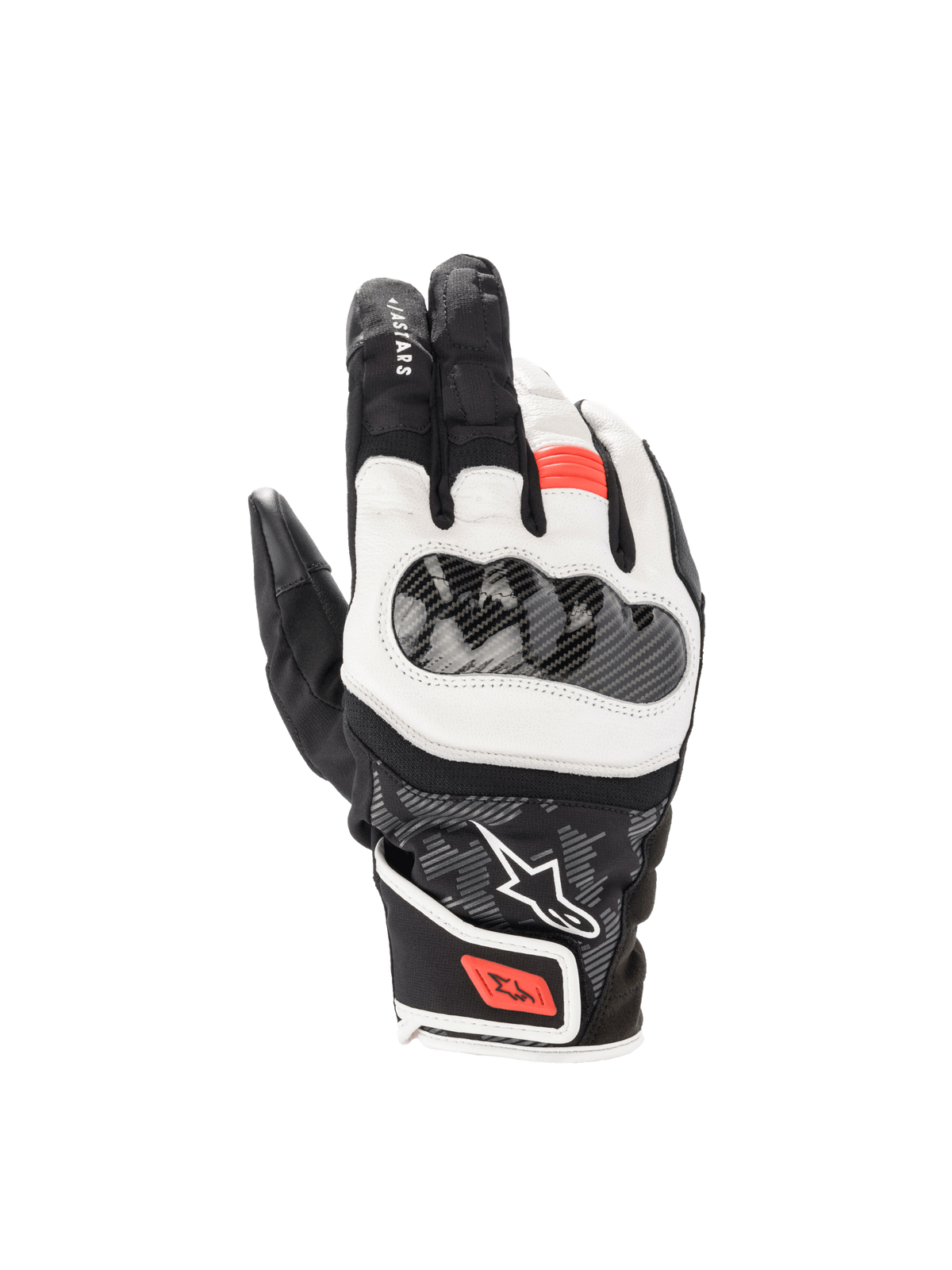 Alpinestars Luvas SMX Z Drystar®, luvas de moto desportivas para homem, pretas, brancas e vermelho fluo, membrana Drystar® impermeável e proteção rígida nas articulações.