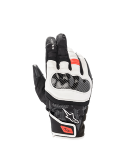 Alpinestars Luvas SMX Z Drystar®, luvas de moto desportivas para homem, pretas, brancas e vermelho fluo, membrana Drystar® impermeável e proteção rígida nas articulações.