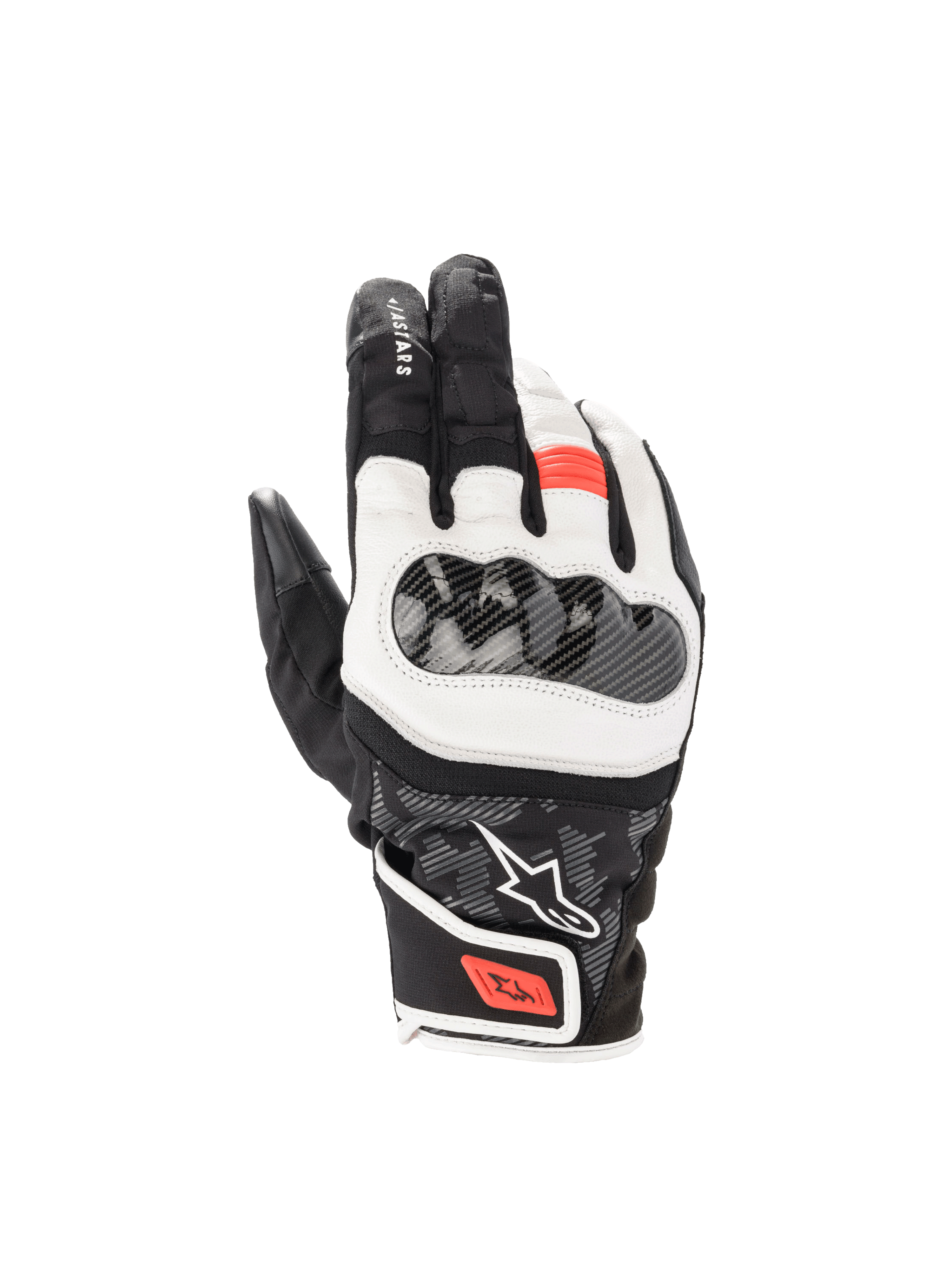 Alpinestars Luvas SMX Z Drystar®, luvas de moto desportivas para homem, pretas, brancas e vermelho fluo, membrana Drystar® impermeável e proteção rígida nas articulações.