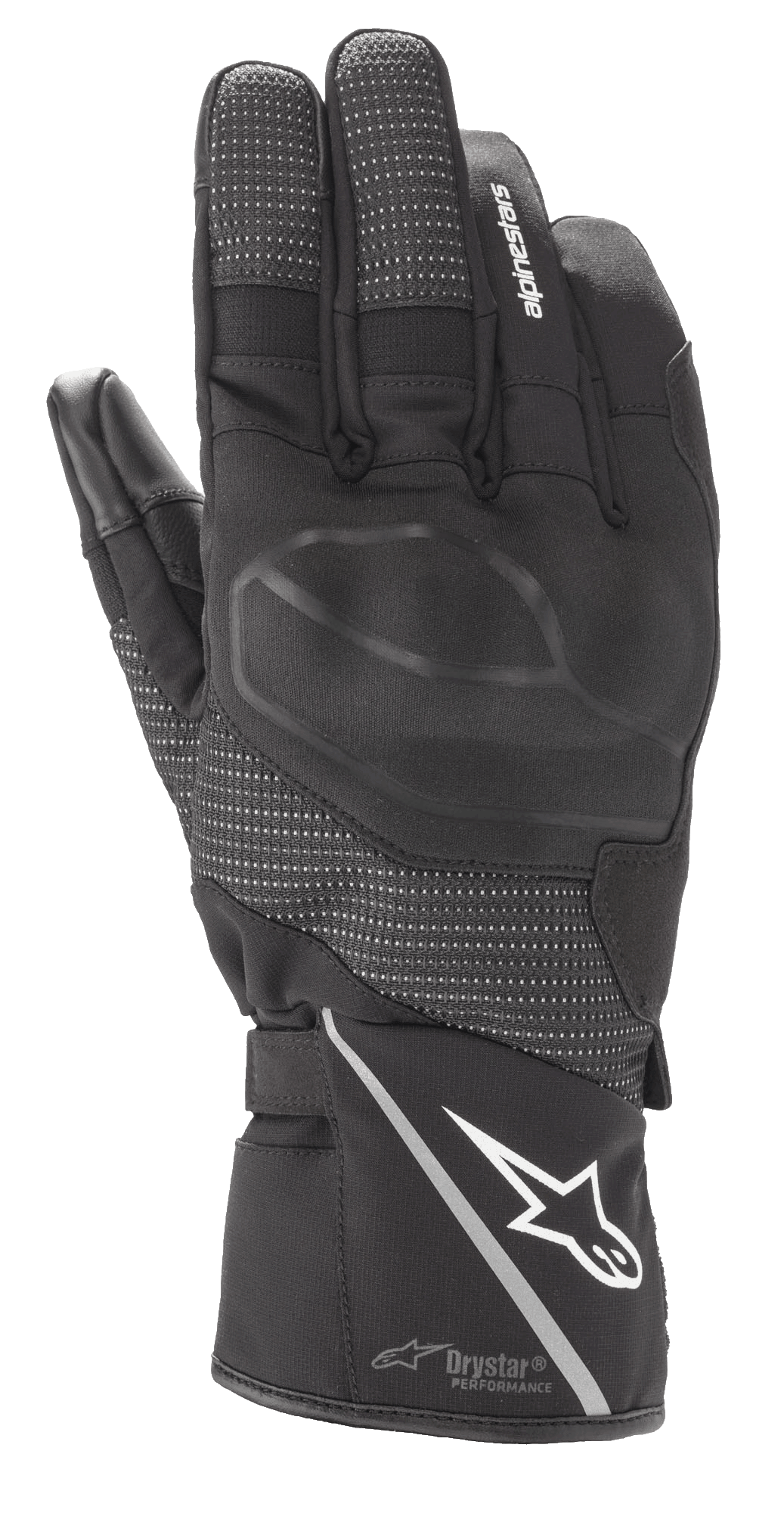 Luva Alpinestars Andes V3 Drystar, luva de motociclismo touring preta, construção em pele de cabra e tecido, com proteção integrada nos nós dos dedos, logótipo Alpinestars branco no punho com uma tira refletora, painéis texturizados nos dedos e tecnologia Drystar Performance
