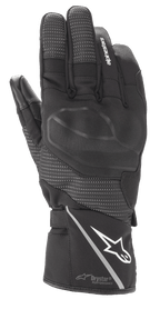 Alpinestars Andes V3 Drystar Glove, Black Motorcycle Touring Glove, goat leather and textile construction, featuring integrated knuckle armor, white Alpinestars logo on the cuff with a reflective stripe, textured finger panels, and Drystar Performance technology