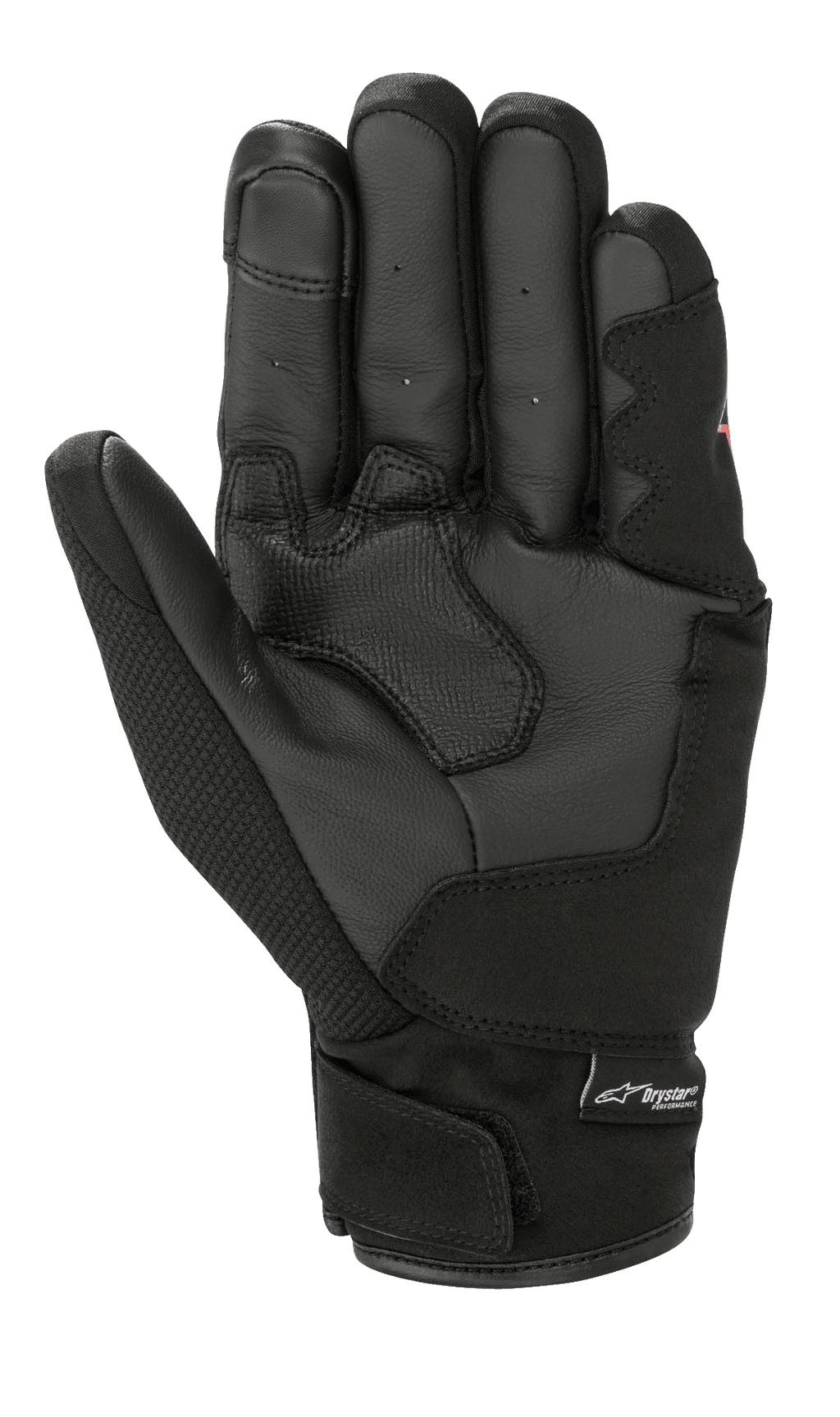 Alpinestars S-Max Drystar® Glove, Short Cuff Motorcycle Glove, Black, palm view featuring leather construction, reinforced grip panels, and adjustable wrist closure with Drystar branding