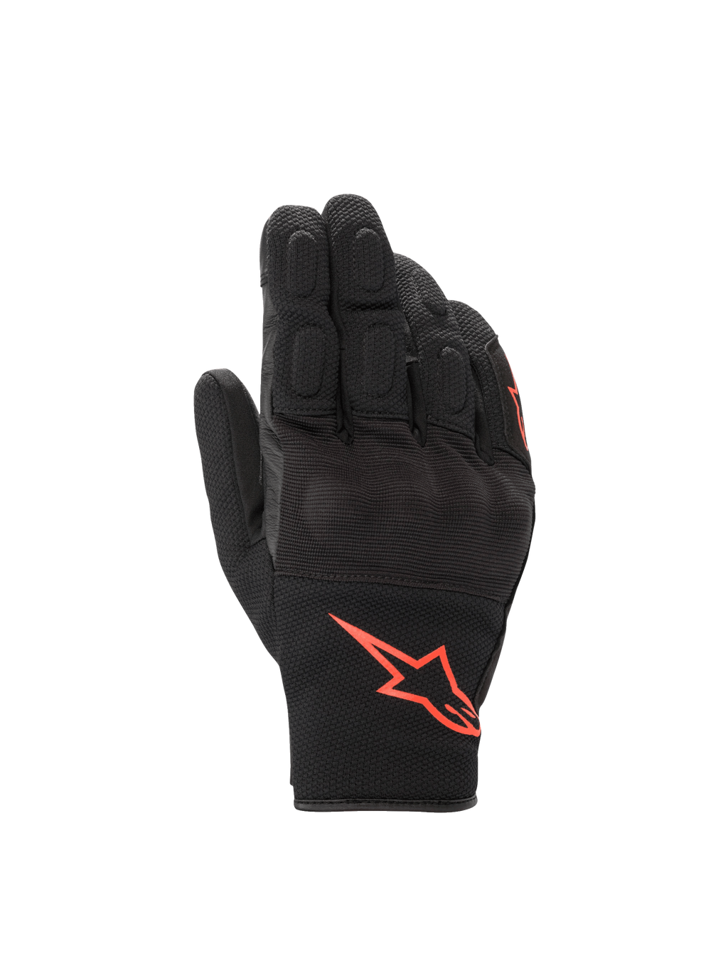 Alpinestars S-Max Drystar, luvas de moto impermeáveis pretas e vermelhas fluorescentes, com proteção de nós dos dedos.