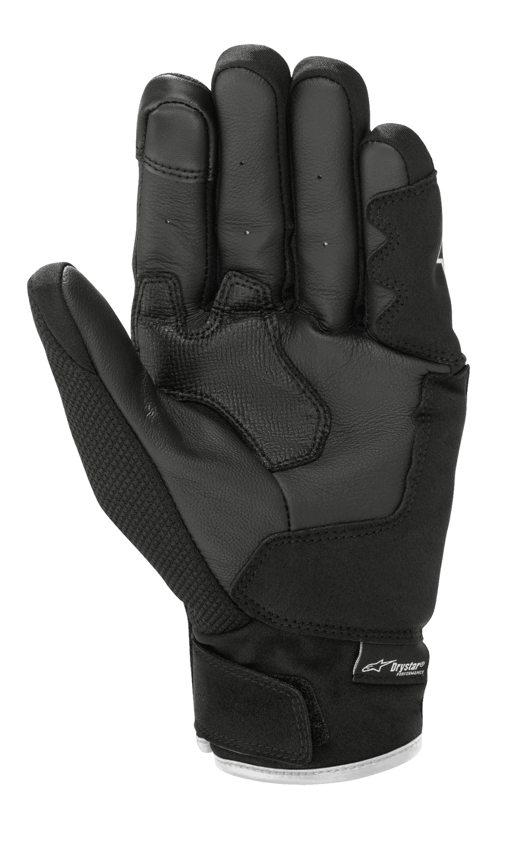 Luvas Alpinestars S-Max Drystar®, luvas de motociclismo, pretas e brancas, vista da palma mostrando a construção em pele com acolchoamento reforçado, punho curto com fecho de velcro e marca Drystar®