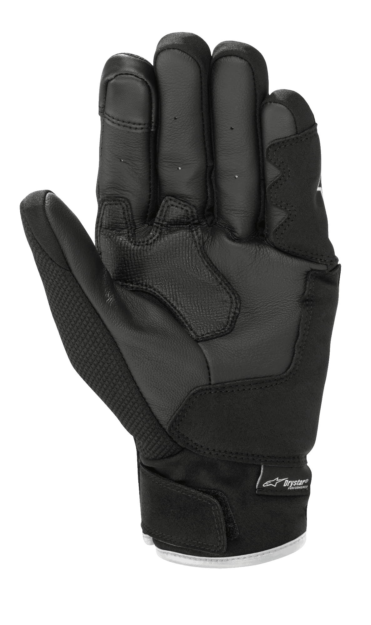 Alpinestars S-Max Drystar® Gloves, Motorcycle Gloves, Black and White, Palm view showing leather construction with reinforced padding, short cuff with hook-and-loop closure, and Drystar® branding