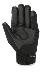 Luvas Alpinestars S-Max Drystar®, luvas de motociclismo, pretas e brancas, vista da palma mostrando a construção em pele com acolchoamento reforçado, punho curto com fecho de velcro e marca Drystar®