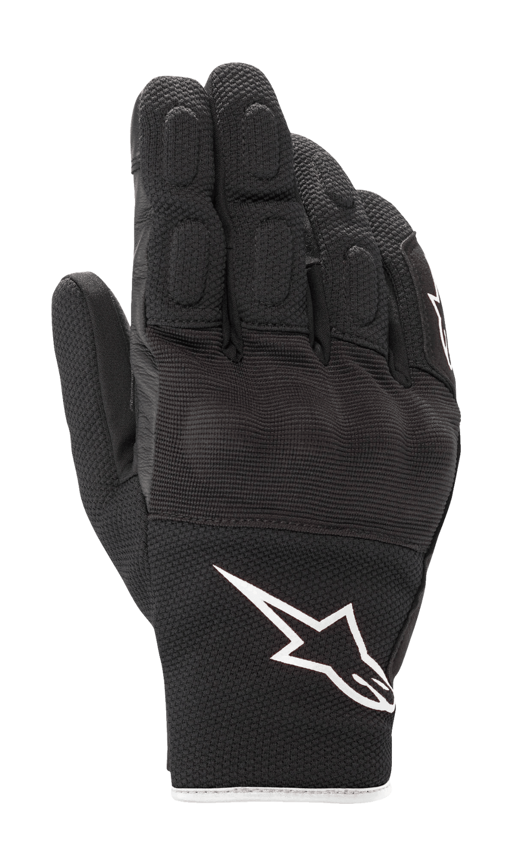 Luvas Alpinestars S-Max Drystar®, luvas de motociclismo de cano curto, pretas com logótipo Astar branco, construção em pele e malha elástica, com detalhes acolchoados nos dedos e proteção nos nós dos dedos, equipamento desportivo de estrada impermeável