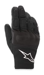 Luvas Alpinestars S-Max Drystar®, luvas de motociclismo de cano curto, pretas com logótipo Astar branco, construção em pele e malha elástica, com detalhes acolchoados nos dedos e proteção nos nós dos dedos, equipamento desportivo de estrada impermeável