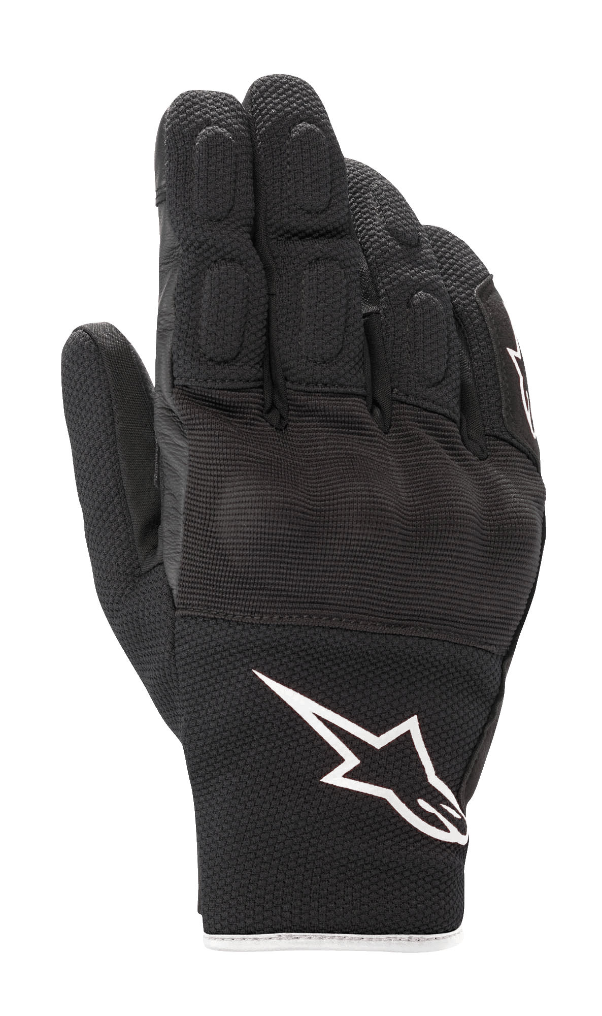Luvas Alpinestars S-Max Drystar®, luvas de motociclismo de cano curto, pretas com logótipo Astar branco, construção em pele e malha elástica, com detalhes acolchoados nos dedos e proteção nos nós dos dedos, equipamento desportivo de estrada impermeável
