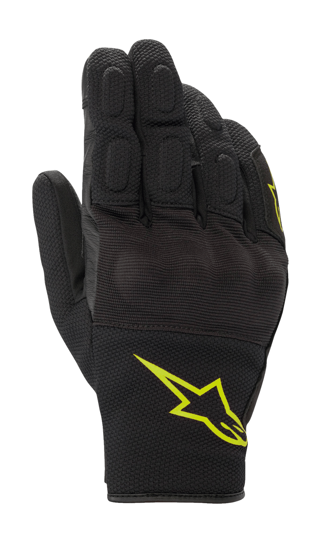 Luvas Alpinestars S-Max Drystar, luvas desportivas de motociclismo, pretas com logótipo amarelo fluorescente, design de punho curto com proteção rígida coberta nos nós dos dedos e painéis em malha elástica, construção impermeável e respirável para condução em estrada