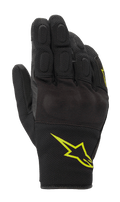 Luvas Alpinestars S-Max Drystar, luvas desportivas de motociclismo, pretas com logótipo amarelo fluorescente, design de punho curto com proteção rígida coberta nos nós dos dedos e painéis em malha elástica, construção impermeável e respirável para condução em estrada