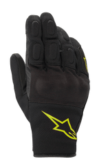 Luvas Alpinestars S-Max Drystar, luvas desportivas de motociclismo, pretas com logótipo amarelo fluorescente, design de punho curto com proteção rígida coberta nos nós dos dedos e painéis em malha elástica, construção impermeável e respirável para condução em estrada