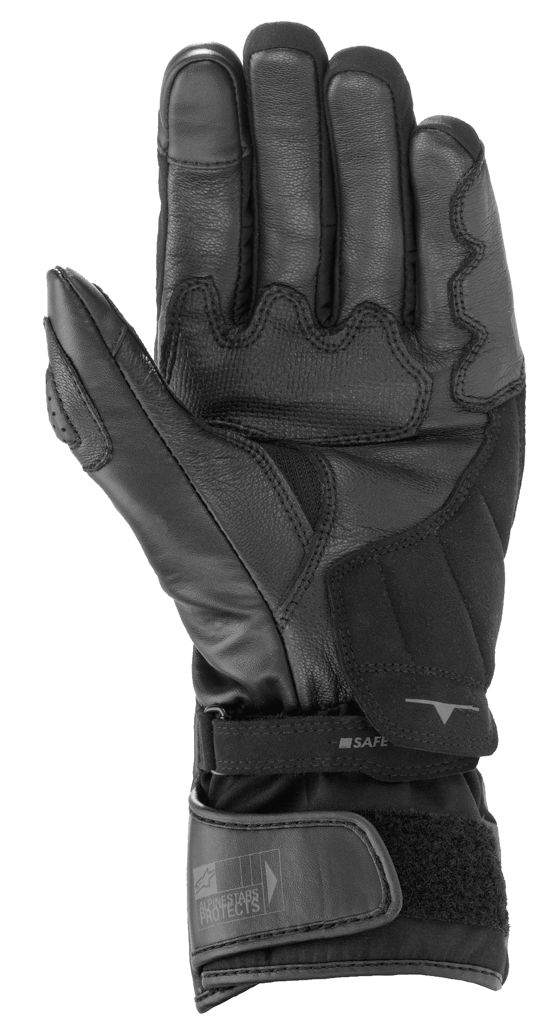 Alpinestars SP-365 Drystar® Gloves, Black and Anthracite Gray, palm view showing reinforced leather and synthetic suede construction, waterproof motorcycle performance gloves with adjustable wrist closure
