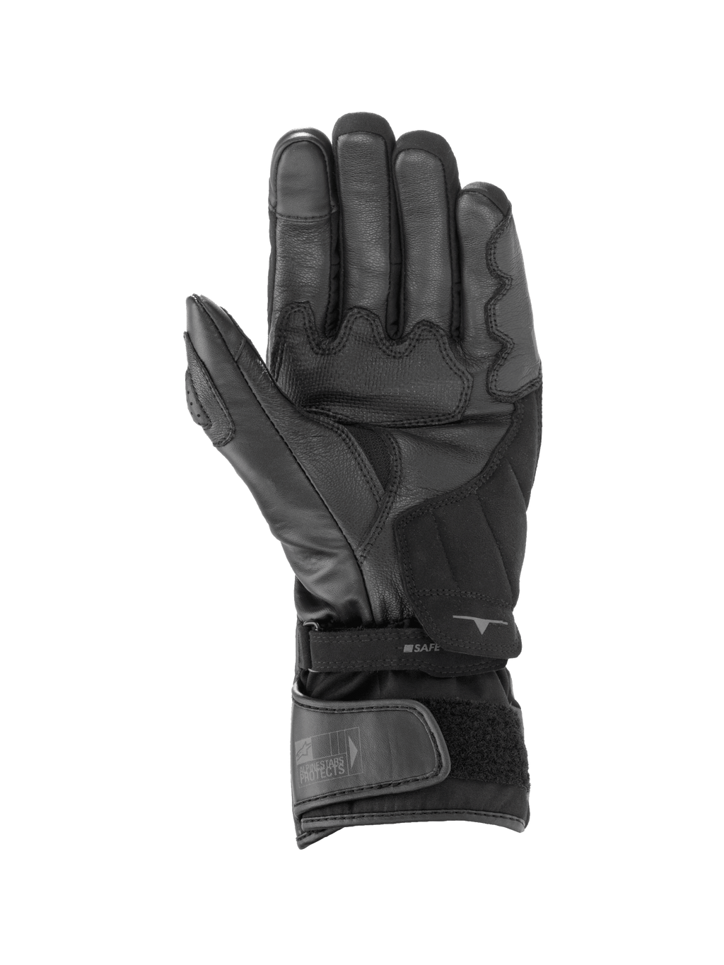 Luvas Alpinestars SP-365 Drystar®, luvas de moto para corrida, pretas e cinza antracite, impermeáveis, vista da palma em couro para aderência superior e fecho de velcro duplo no punho.