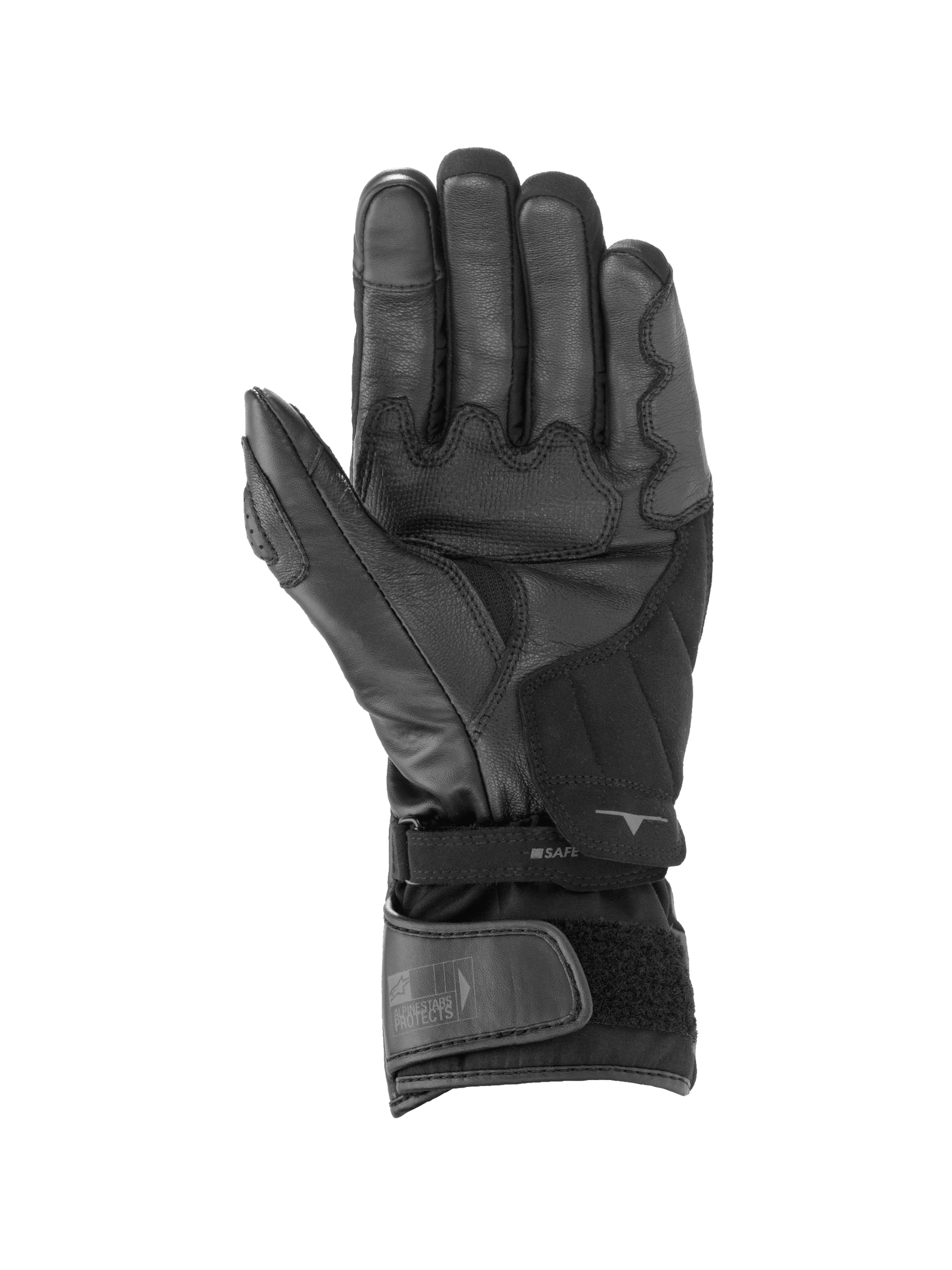 Luvas Alpinestars SP-365 Drystar®, luvas de moto para corrida, pretas e cinza antracite, impermeáveis, vista da palma em couro para aderência superior e fecho de velcro duplo no punho.