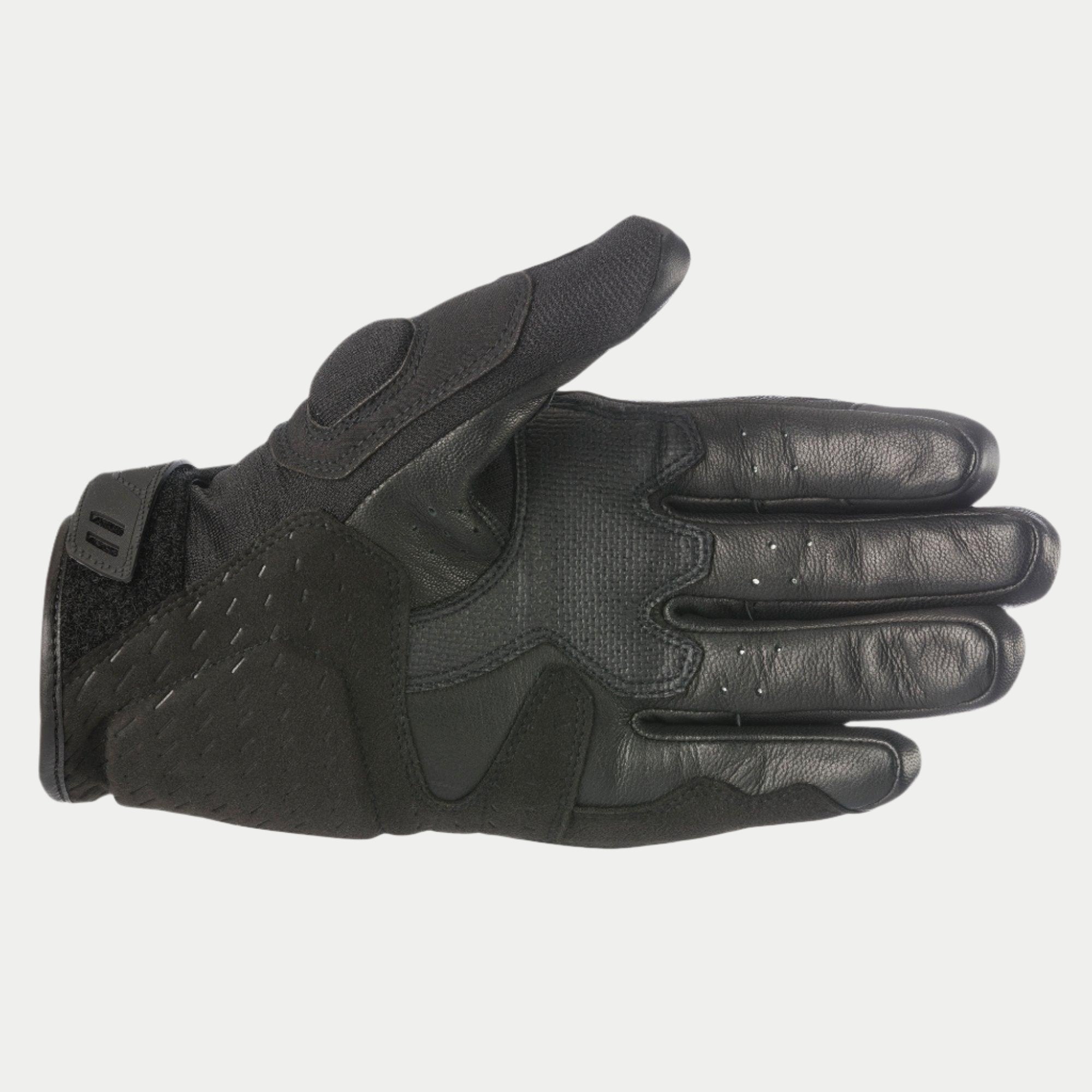 Luvas Alpinestars C-30 Drystar®, pretas, vista da palma com reforços em camurça sintética e acolchoamento de espuma, áreas de aderência revestidas a PU no polegar e palma, e tira de ajuste de velcro no pulso, luvas de motociclismo impermeáveis