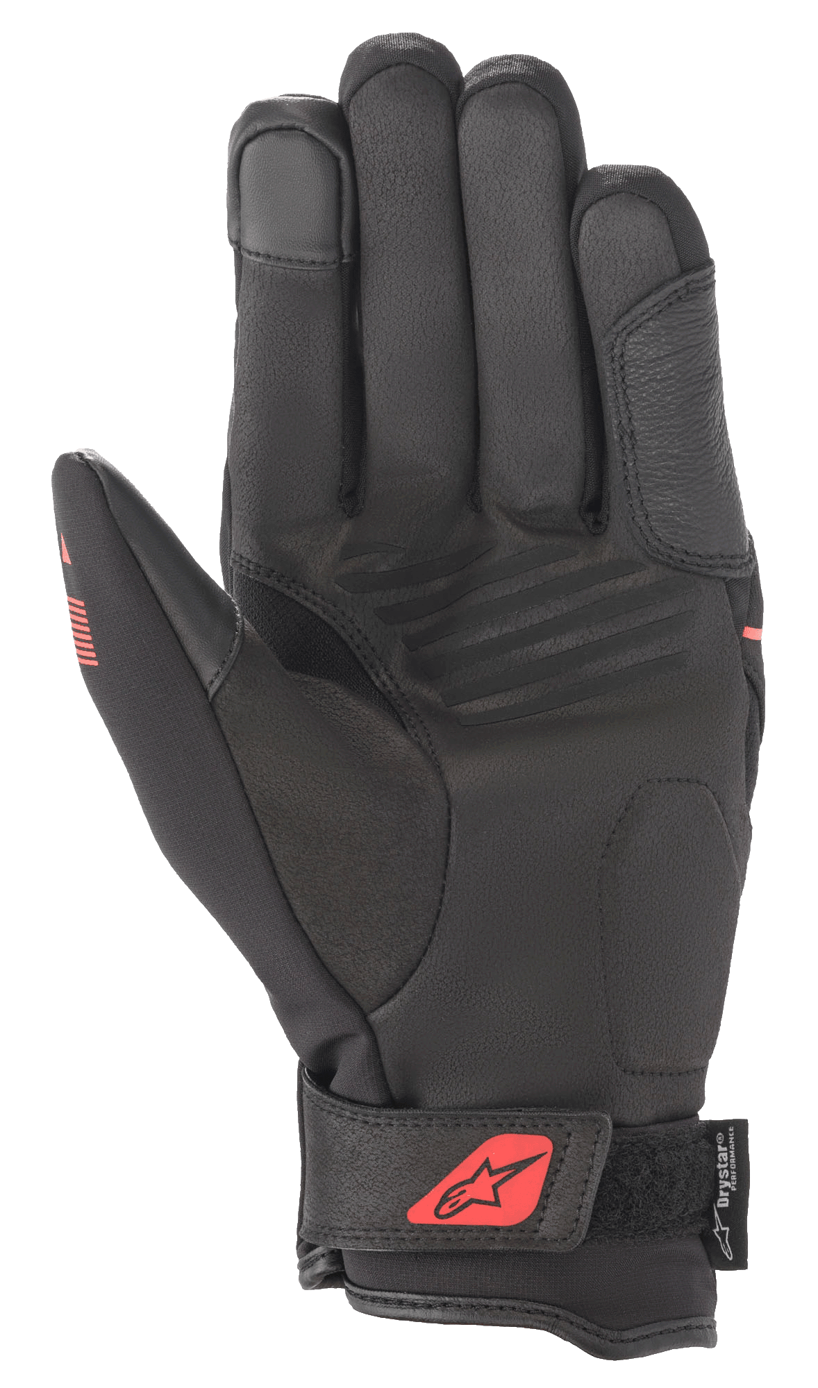 Luvas Alpinestars Syncro V2 Drystar®, Pretas e Vermelho Fluo, vista da palma mostrando construção em camurça sintética, palma acolchoada para proteção, tira de ajuste no pulso com logótipo vermelho e branding Drystar®.