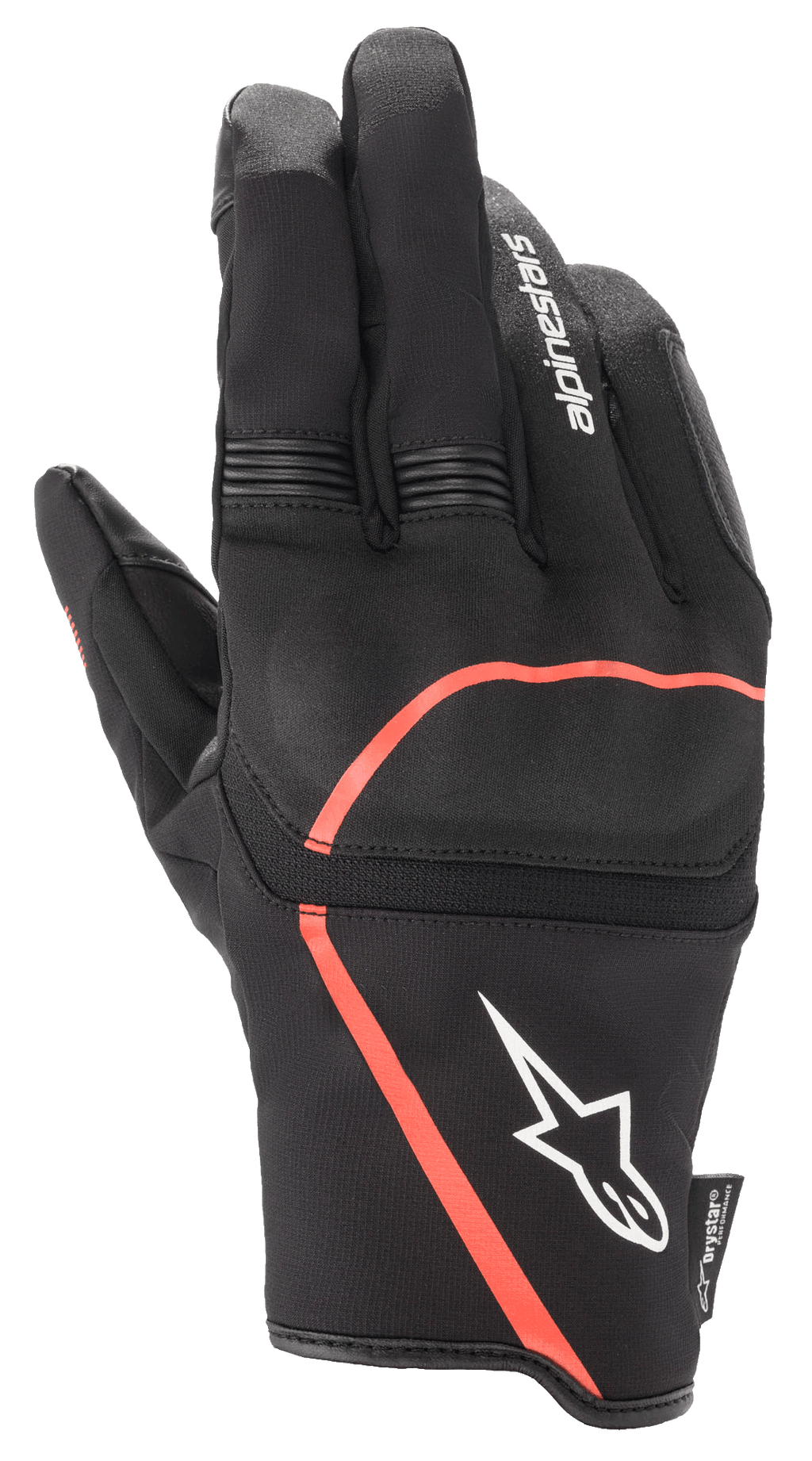 Luvas Alpinestars Syncro V2 Drystar®, luvas de motociclismo urbanas, pretas com detalhes em vermelho fluo, proteção flexível nas articulações, logótipo Alpinestars branco no punho, painéis em acordeão nos dedos, design impermeável e respirável.