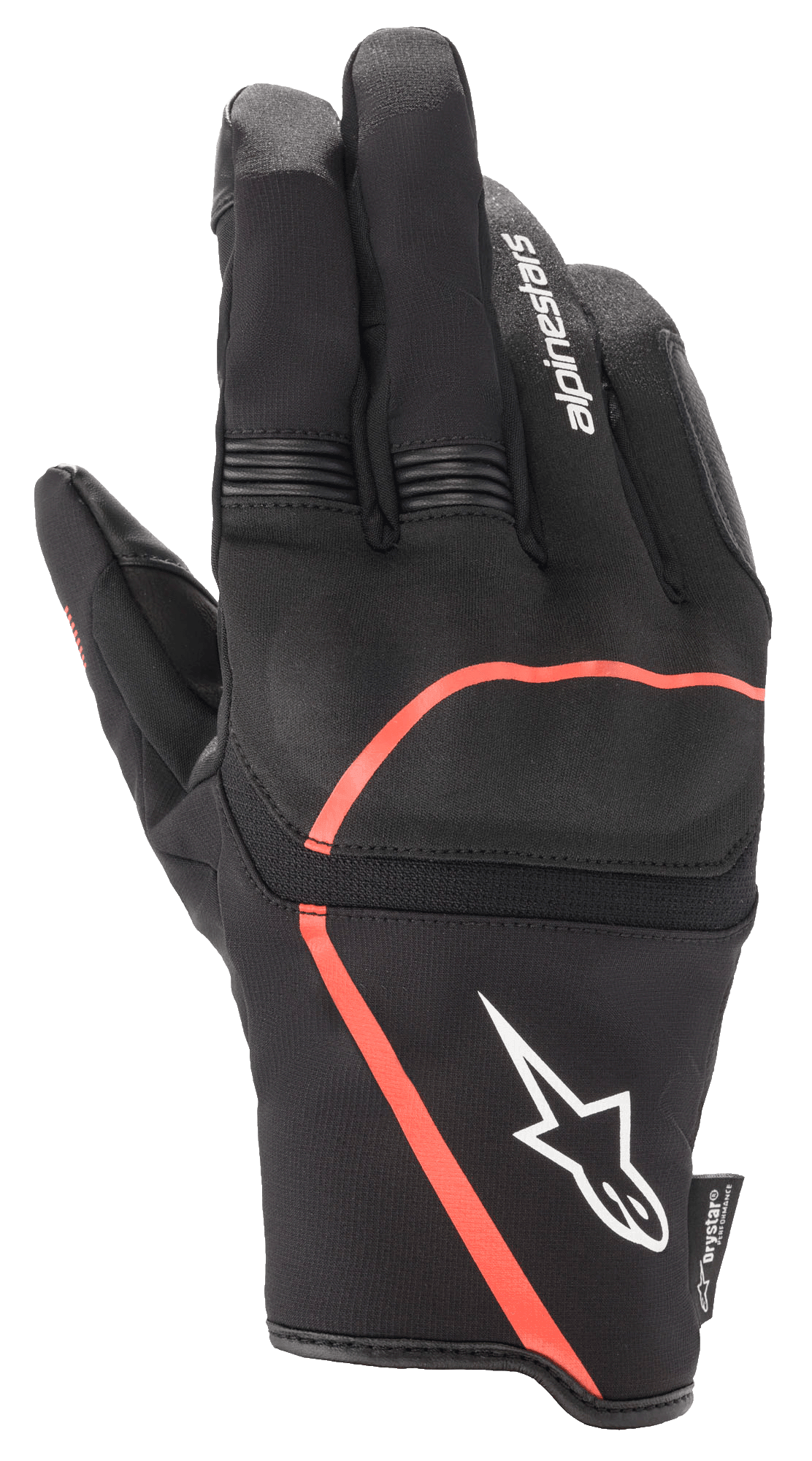 Luvas Alpinestars Syncro V2 Drystar®, luvas de motociclismo urbanas, pretas com detalhes em vermelho fluo, proteção flexível nas articulações, logótipo Alpinestars branco no punho, painéis em acordeão nos dedos, design impermeável e respirável.