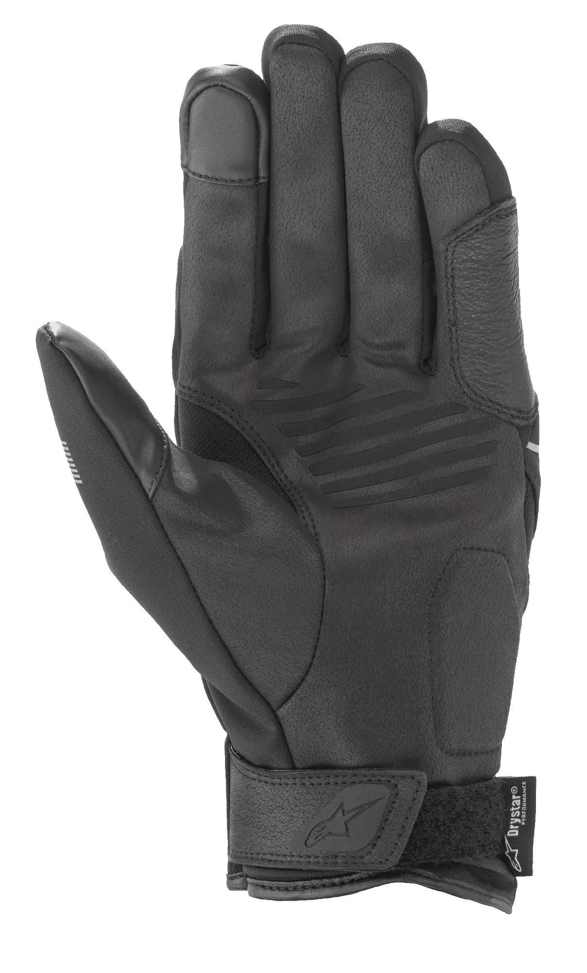 Luvas Alpinestars Syncro V2 Drystar®, luvas de motociclismo urbanas, preto e cinzento escuro, vista da palma com construção em camurça sintética, reforços acolchoados, ponta do dedo compatível com ecrãs táteis e tira de velcro no pulso com a marca Alpinestars.