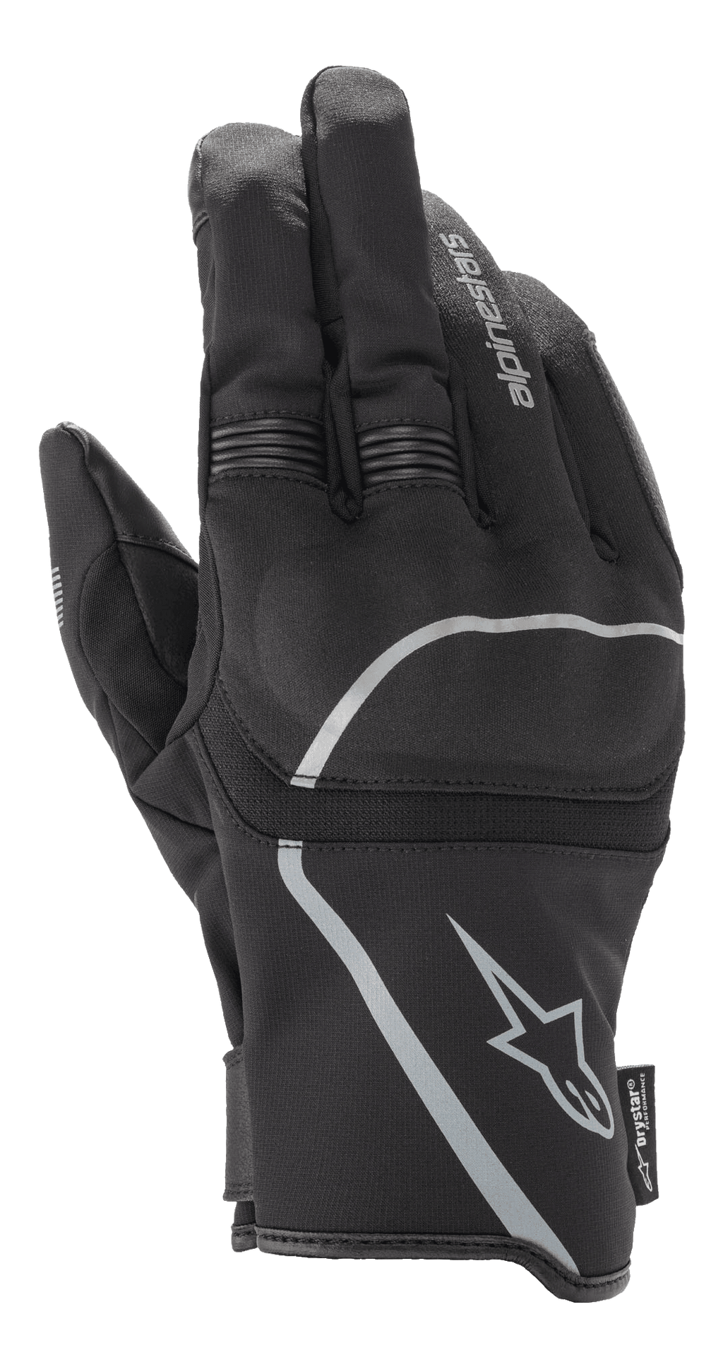 Luvas Alpinestars Syncro V2 Drystar®, luvas de motociclismo urbanas, em preto e cinzento médio, vista posterior realçando a construção têxtil e a proteção viscoelástica das articulações, design impermeável e respirável com detalhes refletores.